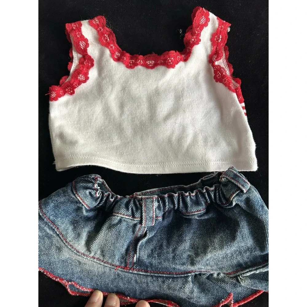 Lot Of 2 Build A Bear Outfits Denim Skirt/Shirt‎ & Sparkle Dress Roller Skates